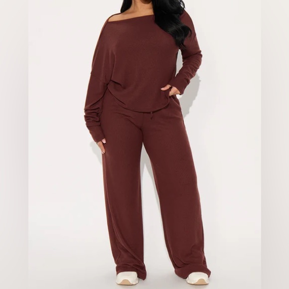 Pants - Plus Size Off-Shoulder Pants Set -Brown